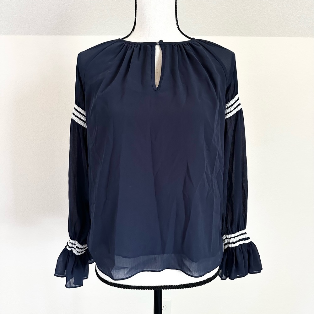 J. Crew Blouse Navy Blue Sheer Long Sleeves White Piping Detail XS